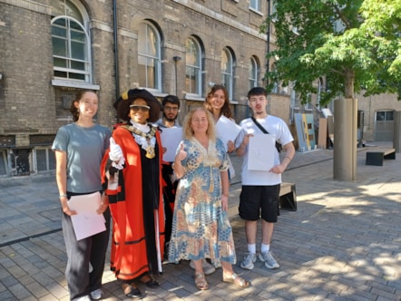 Central Foundation Boys' School students celebrates their A Level results with the Mayor of Islington Cllr Rosaline Ogunro and Islington Council Leader Cllr Una O'Halloran