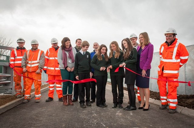 Reopening of Highfield Lane bridge in Maidenhead: Members of the project team (Network Rail and Murphy) with staff and pupils from Cox Green School.