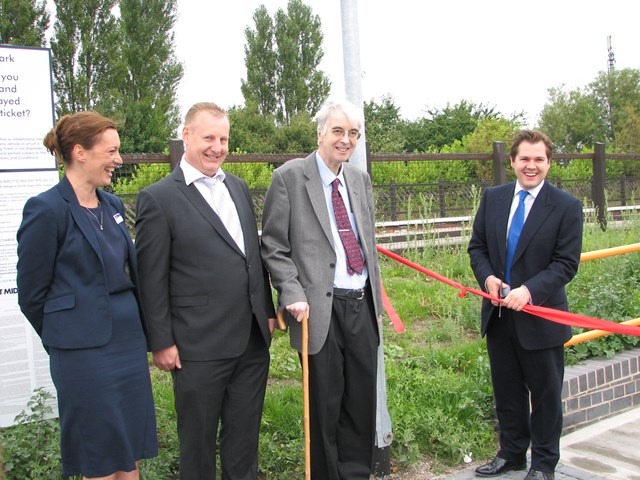 Official opening of Collinghm station car park: L - R  Sarah Turner, route manager east at East Midlands Trains; Gary Allison, area manager at Network Rail; Bob Imnrie from Friends of Collingham Station; and Robert Jenrick Member of Parliament for Newark