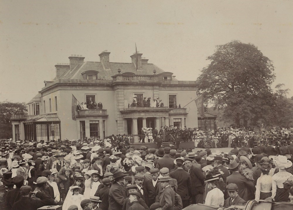 Opening Ceremony in front of Grant Lodge. Mr Cooper hands over the Park to the Keeping of the Provost and Town Council of Elgin (Local Heritage Centre photo collection: Acc. 3337)