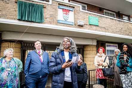 Baroness Lola Young OBE speaking at the unveiling of a plaque to author Andrea Levy