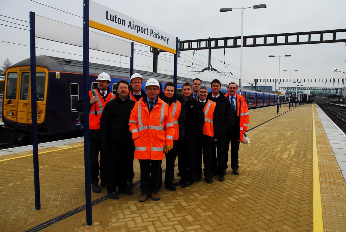 Luton Airport Parkway extended platforms: Network Rail project staff mark the completion of the extended platforms at Luton Airport Parkway