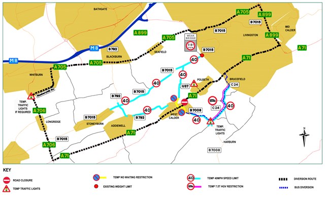 Diversion route in place during A71 road closure in West Calder