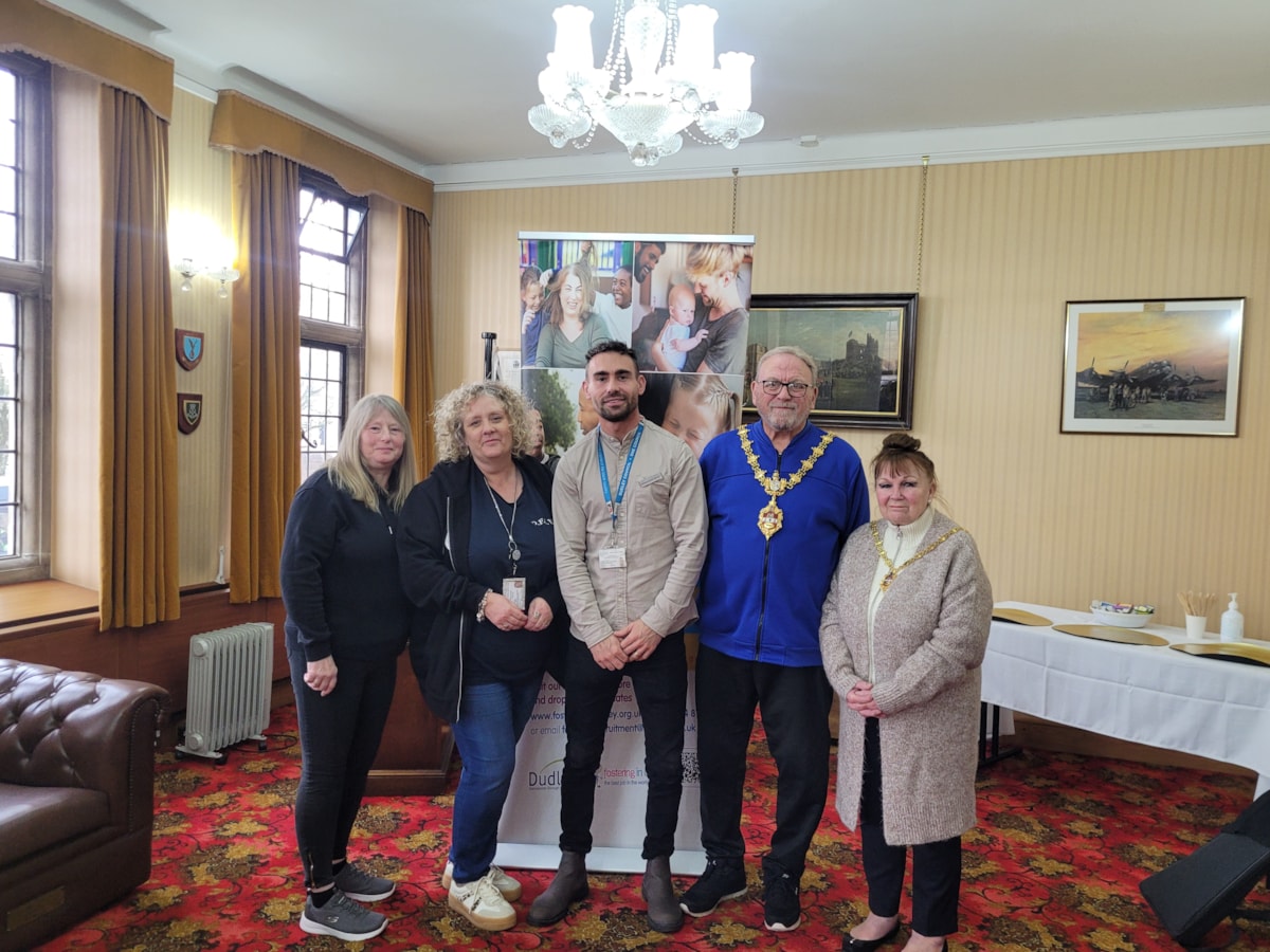 L to R foster carers Sue Betts and Dawn Campbell and fostering recruitment officer Andy Davies with Dudley’s Mayor and Mayoress