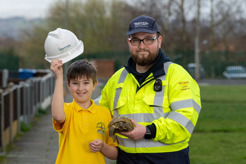 Harvey Dean-Evans, Mary the tortoise and Ben Baxendale 