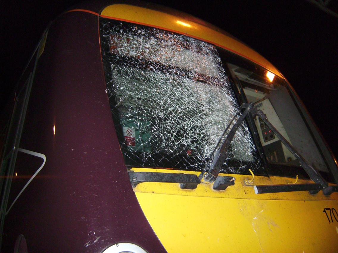 HUNDREDS OF RAIL CRIMES COMMITTED BY YOUNG PEOPLE IN EAST MIDLANDS AND LINCOLSHIRE: Damage caused by concrete block thrown at train