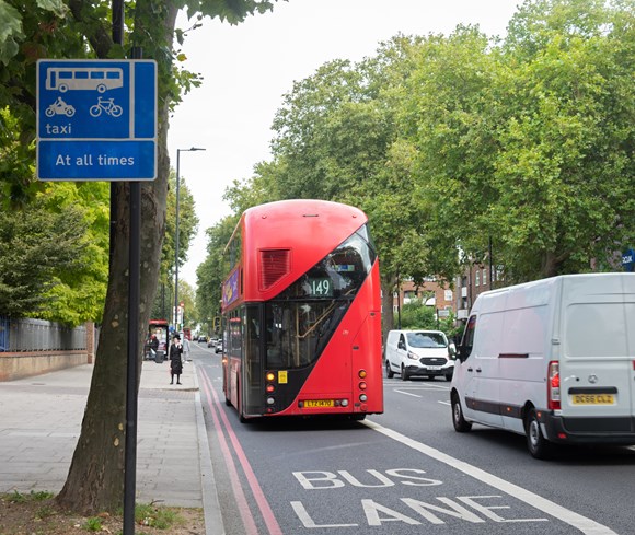 TfL Press Release - 24-hour bus lanes trial set to become permanent as bus journey times improve: TfL Image - Bus lane and bus