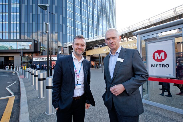 Celebrations as Leeds reaps benefits of major station improvements – and more investment to come: L to R - Leeds City Council and West Yorkshire Combined Authority Transport Committee member Cllr Peter Carlill and Rob McIntosh, Managing Director, Eastern, for Network Rail-3