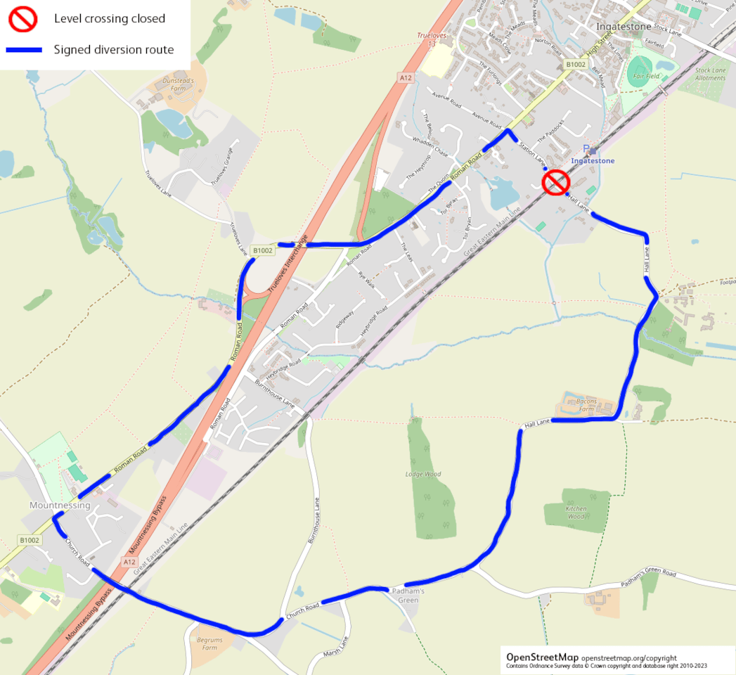 Weekend closure of Ingatestone Station Lane and Hall Lane level crossing - signed diversion route
