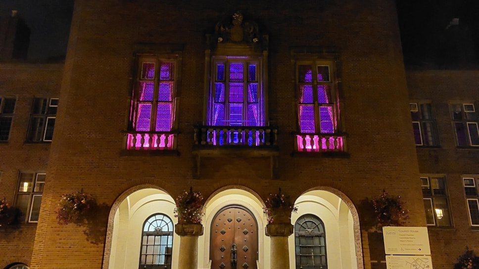 Council House lit in pink and blue