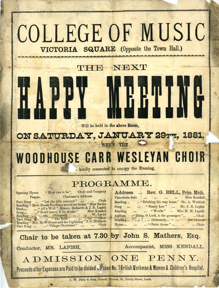 Sounds of Our City: Poster for Happy Meeting concert with Woodhouse Carr Wesleyan Choir, 1881.
