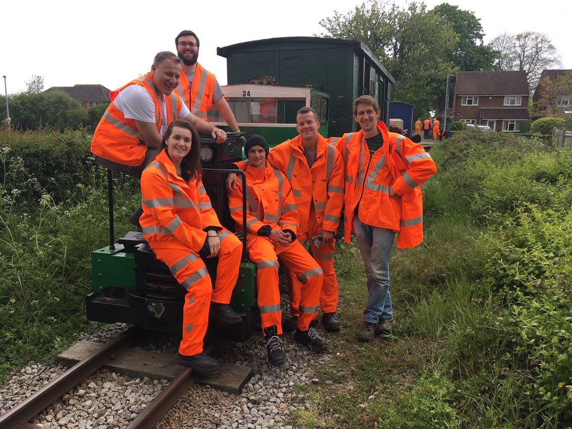 Network Rail volunteers help heritage railway install modern anti-trespass kit: Andrew Robinson (capacity analysis project manager), Emma Walker (senior network analyst) and Luke Little, Mike Gregory, Paul Farmer and Fred Noble (network analysts) from Network Rail