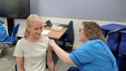 Image of Lucy getting the MenB vaccine - August 2026