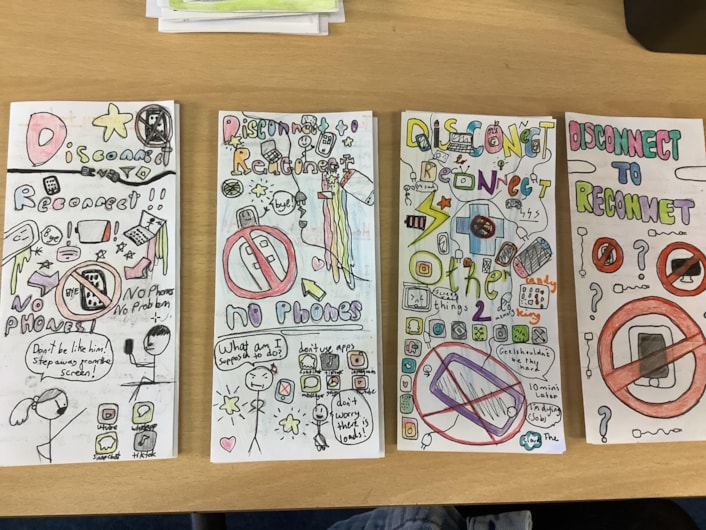 DisconnectToReconnect leaflets: Images show leaflets created by children showing 'Disconnect to Reconnect' and linked drawings.