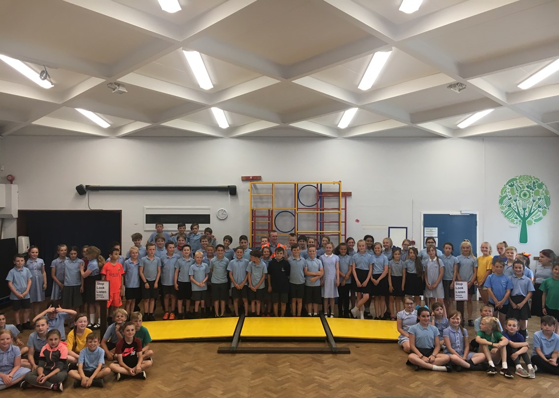 Innovative tool teaches children level crossing safety: Over ninety Meole Brace Primary School took part in the rail safety event hosted by Network Rail employees, using the model level crossing for the first time