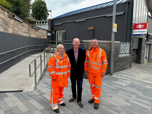 Cllr Michael McCormick with Jaqueline Rae, ScotRail, and Rod Hendry, Network Rail at Port Glasgow station: Cllr Michael McCormick with Jaqueline Rae, ScotRail, and Rod Hendry, Network Rail at Port Glasgow station