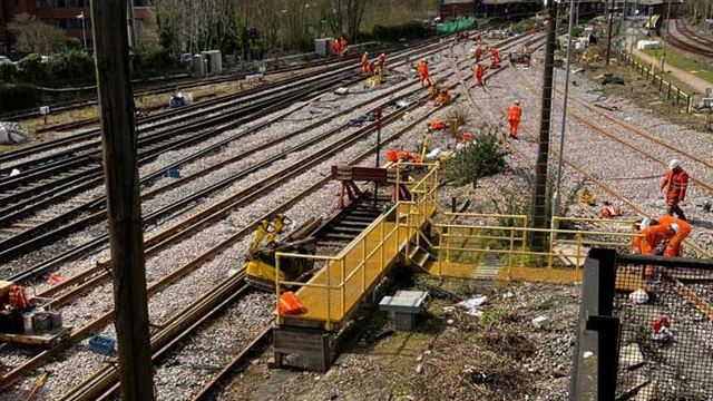 Rail customers travelling between Feltham and Wokingham and Basingstoke are being reminded to check before they travel ahead of engineering works taking place over the early May bank holiday: View-of-Great-Western-Junction-track-works-by-Basingstoke-station (1)