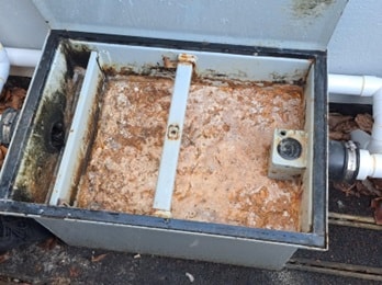 A poorly maintained grease trap failing to do its job properly.