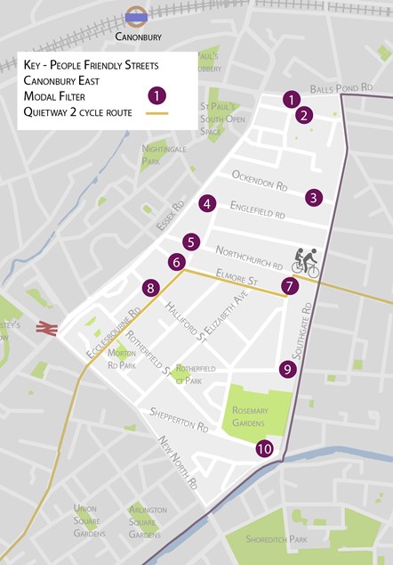 A map showing the locations of changes in Canonbury East as part of Islington's people-friendly streets plans