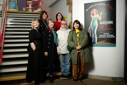 Left to Right: Gillian Renshaw (Community Rail Officer at both Crewe to Manchester and South East Manchester CRPs); Lisa Musgrave (Avanti West Coast Station Manager at Stockport); artist, Viv Lally; Rosemary Barratt (Seven Miles Out Arts); John Barratt (Seven Miles Out Arts); artist, Tamsyn Kushner)