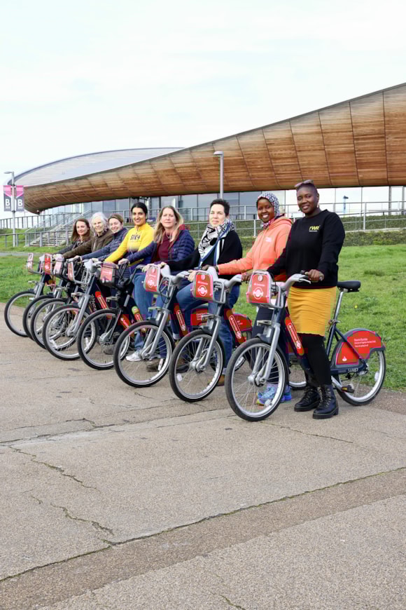 TfL and Santander unveil ten Santander Cycles named after inspirational women cyclists for International Women’s Day: TfL Image - Winners  outside Velodrome