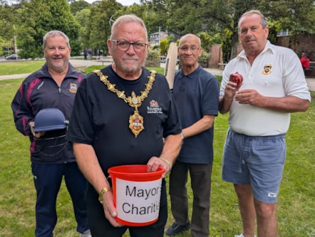 The Mayor of Dudley, Cllr Pete Lee, with Cllr Mohammed Hanif (centre) and Keith Litster (left) and Keith Jones (right) from Stourbridge Cricket Club