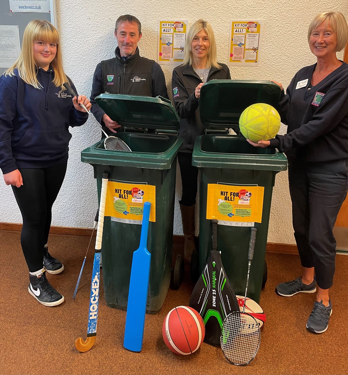 (L-R) Forres Academy S5 pupil Holly Innes, Moray Council Active Schools Coordinator Paul Rogan, Active Schools Coordinator  Rosalyn Carruthers, and Sport and Leisure Supervisor Nicky Gerrard, who is supporting the initiative at Forres House Community Centre.