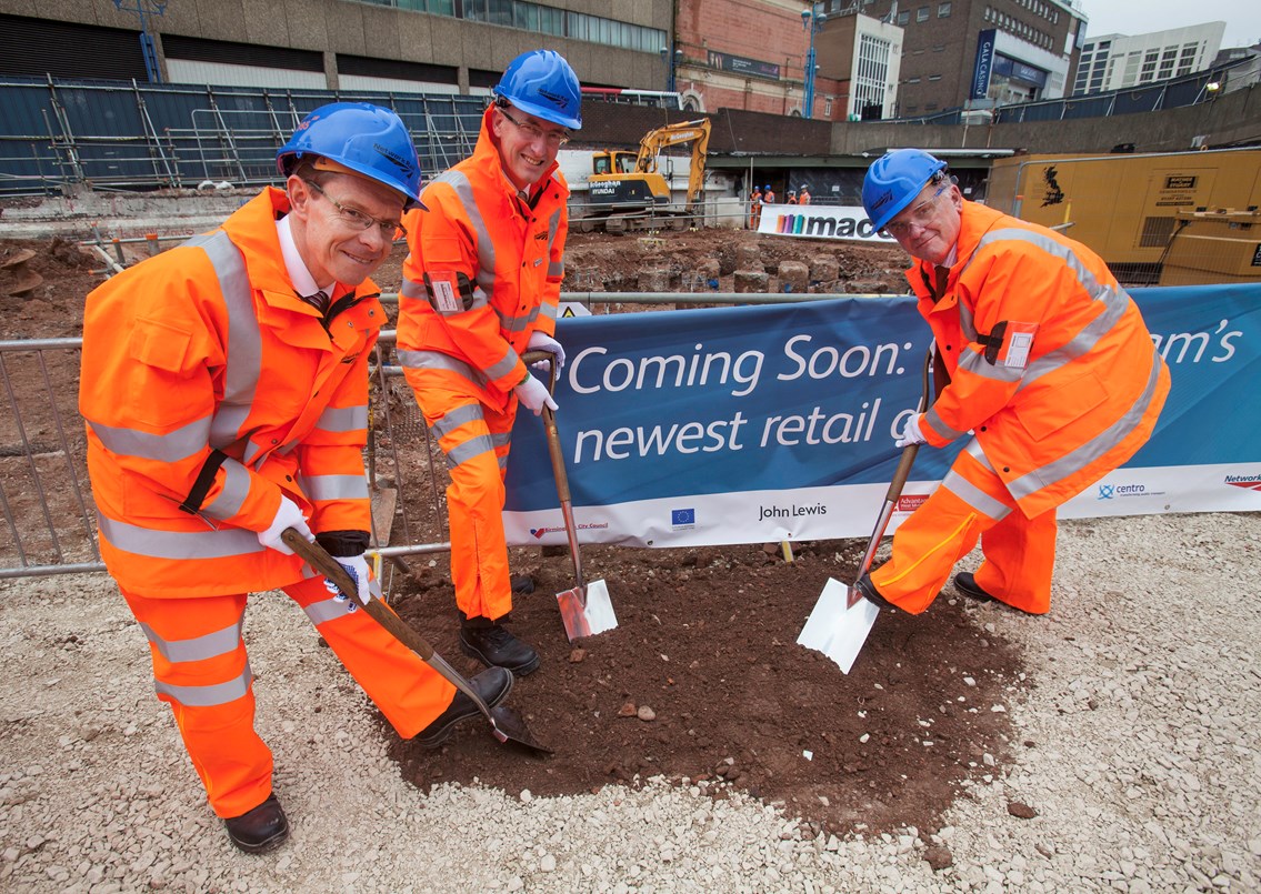 Progress visit to site of John Lewis store: l-r Andy Street, managing director, John Lewis; David Higgins, chief executive, Network Rail; Sir Albert Bore, leader, Birmingham City Council, turn a symbolic sod on the site of the new John Lewis store at Birmingham New Street station (27 June 2012)