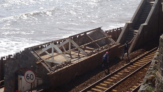 Pedestrians spotted trespassing on the railway at Dawlish: People trespassing on the railway line east of Dawlish station underneath Coastguard footbridge