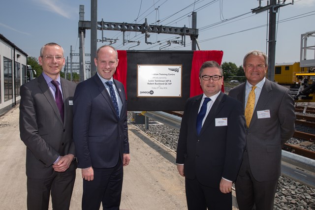Opening of the Electrification Training Centre in Swindon: L-R: Mark Langman, Network Rail's managing director for the Western route; Justin Tomlinson, MP for North Swindon; Robert Buckland QC, MP for South Swindon; Robbie Burns, Network Rail's regional director of infrastructure projects.