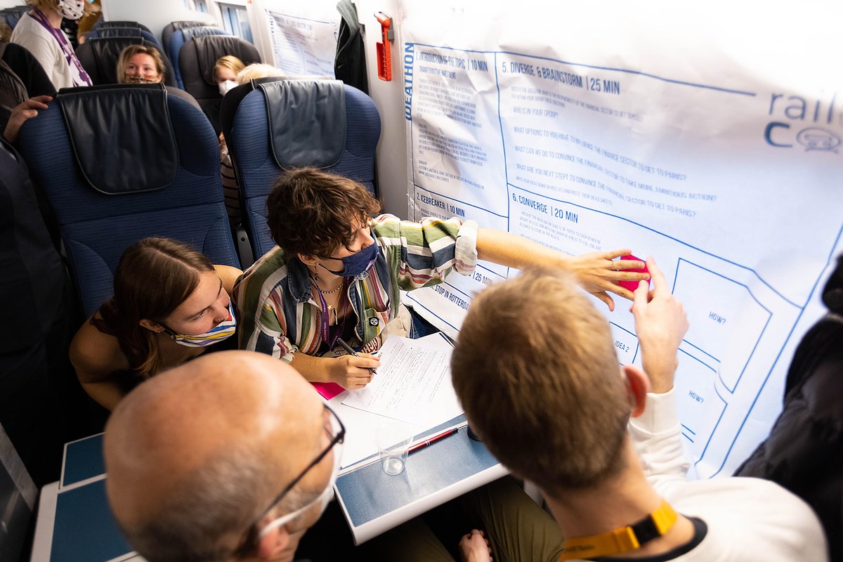 Young climate activists exchange ideas on the Eurostar climate train to COP26