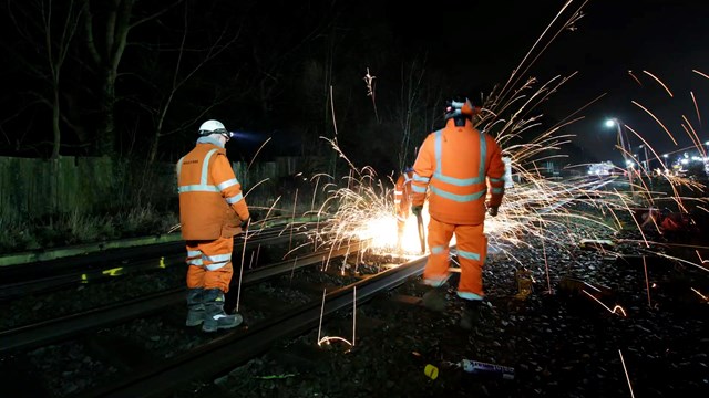 Track welding taking place during Water Orton upgrade work