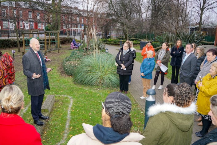 Compton 9: Tom Symons, deputy director of fairer start at Nesta, makes a speech at the opening event.