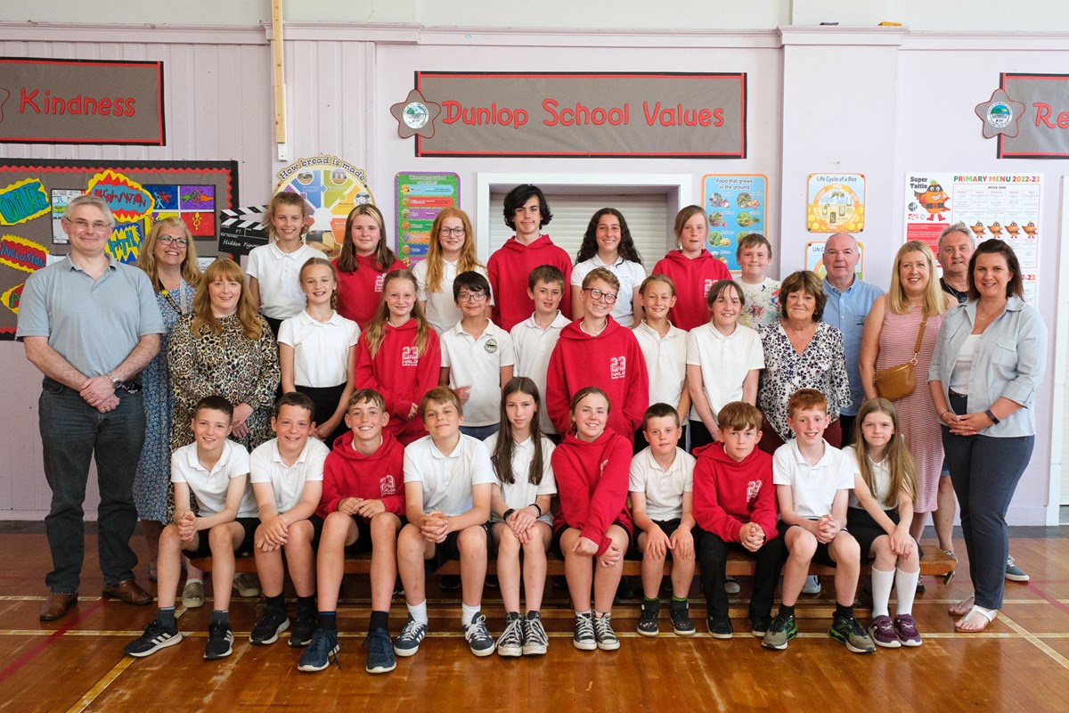 Councillor Elaine Cowan with P7, Councillors McGhee and Freel, HT Laura Kelly, Janice McCrae, members of the parent council