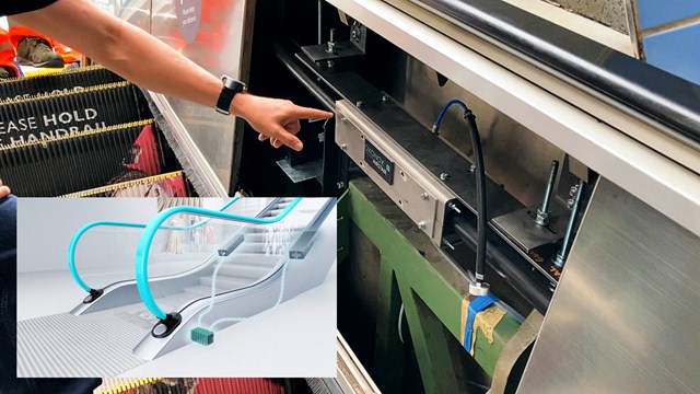 Manchester Piccadilly escalator trials virus busting technology: Manchester Piccadilly escalator installed with OXONOX handrail cleaning system - inset animation still