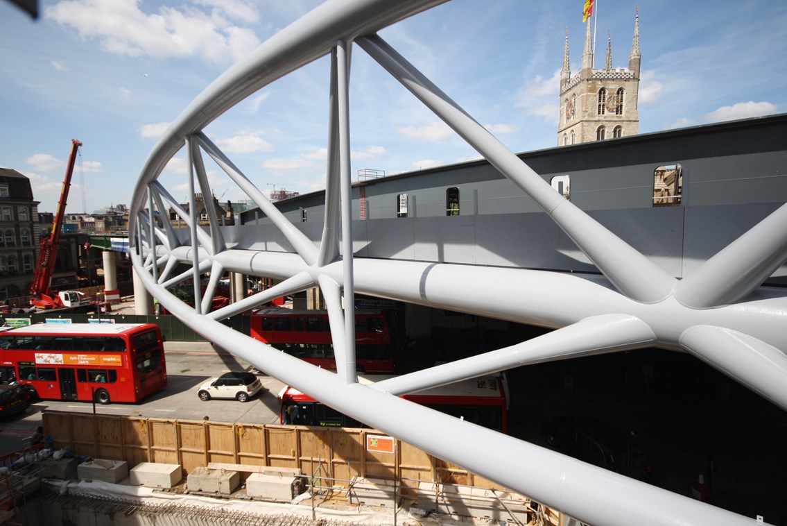Borough Viaduct: Traffic passes under the new section of bridge over Borough High Street
