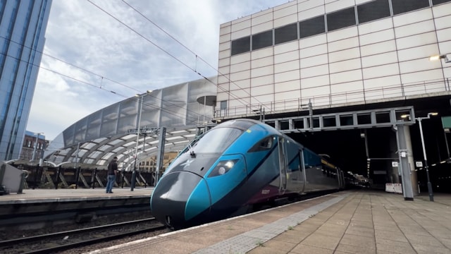 Step change as Manchester Victoria gets major staircase upgrades: Transpennine Express train leaving Manchester Victoria