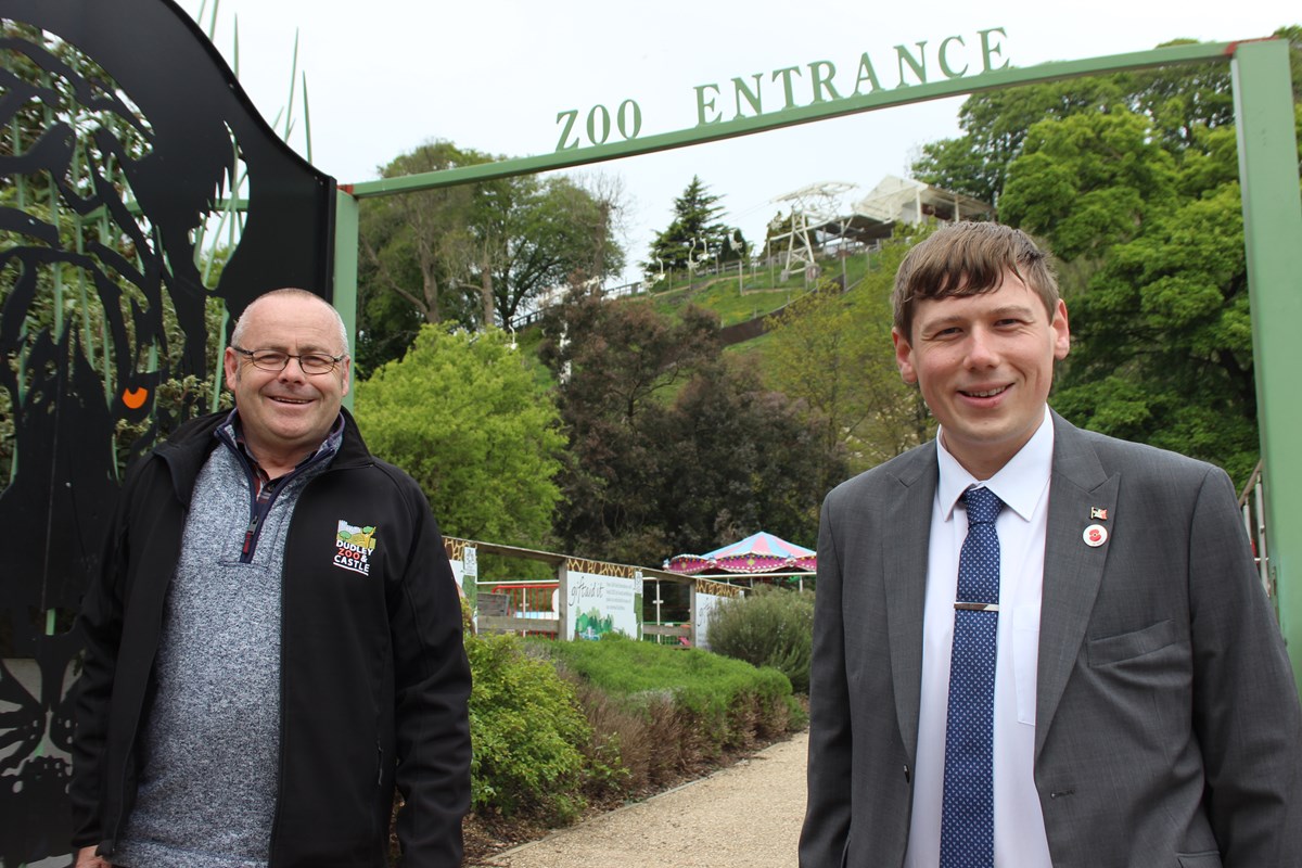 Derek Grove and councillor Simon Phipps at the new entry to Dudley Zoo