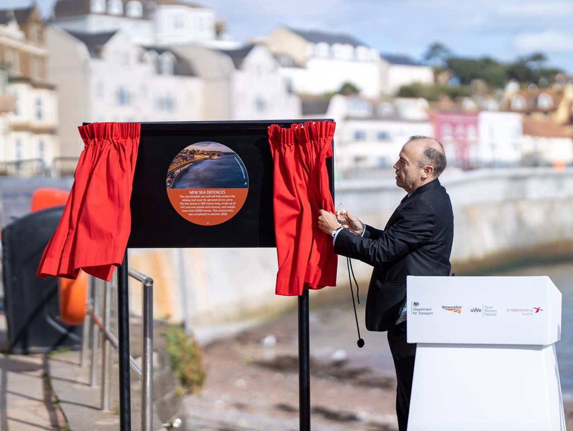 Rail Minister Chris Heaton-Harris today (25 September) officially opened the first section of the new Dawlish sea wall: Rail Minister Chris Heaton-Harris today (25 September) officially opened the first section of the new Dawlish sea wall