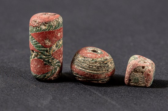 Anglo Saxon decorative glass beads uncovered during HS2's archaeological excavation of a burial ground in Wendover: Decorated glass beads uncovered in an Anglo Saxon burial during HS2 archaeological excavations in Wendover. Over 2000 beads were uncovered in the excavation. 

Tags: Anglo Saxon, Archaeology, Grave goods, History, Heritage, Wendover, Buckinghamshire