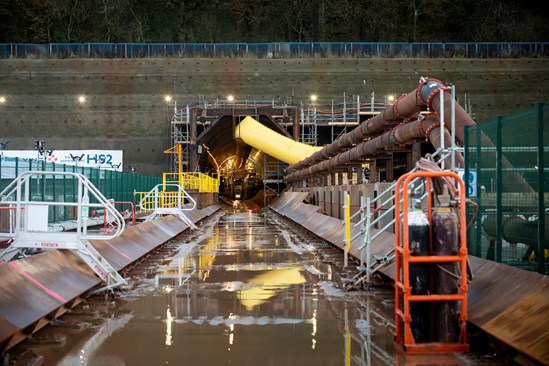 Long Itchington Wood Tunnel, January 2023: View of the tunnel entrance at the Long Itchington Wood Tunnel north portal, with TBM Dorothy visible inside the entrance of the tunnel.