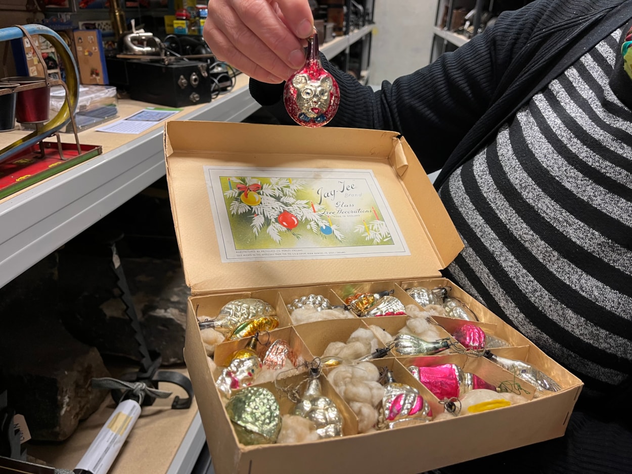 Biscuit messages: Also part of the collection is a set of Mickey Mouse Christmas tree lights as well as some brightly coloured glass baubles manufactured by Morley’s Briteglass Ltd. The Jay-Tee brand glass Christmas tree decorations were owned by local couple Herbert and Maud Storer who married in 1944.