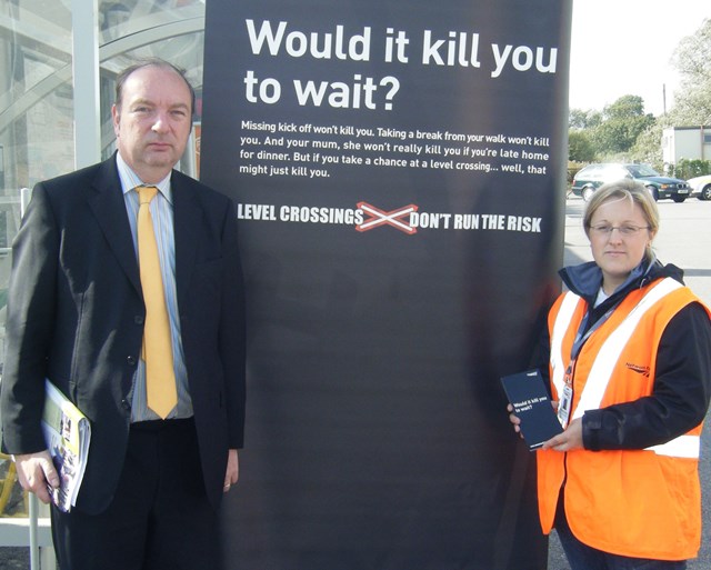 Level Crossing Awareness - Berwick 2: From left: Norman Baker, MP for Lewes and Lib Dem shadow transport secretarty: Ellie Reilly, community safety manager, Network Rail.