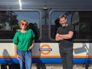 TfL Image - Cally Beaton, comedian, podcaster and writer with Mind the Gap podcast presenter Tim Dunn: TfL Image - Cally Beaton, comedian, podcaster and writer with Mind the Gap podcast presenter Tim Dunn