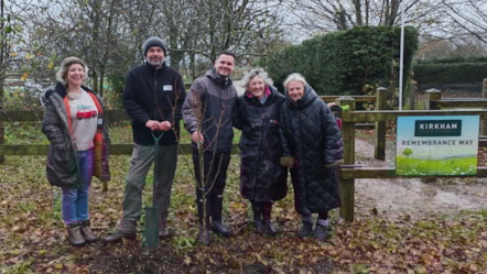 Councillor Joshua Roberts, Lancashire County Council's cabinet member for Rural Affairs, Environment and Communities, Ian Wright from the Lancashire County Council's Treescapes team and Kirkham Town Council’s Clerk Liz Squires, Cllr Maggie Ledger LPAOS and Kirsty Reader, Admin Support Officer, for t