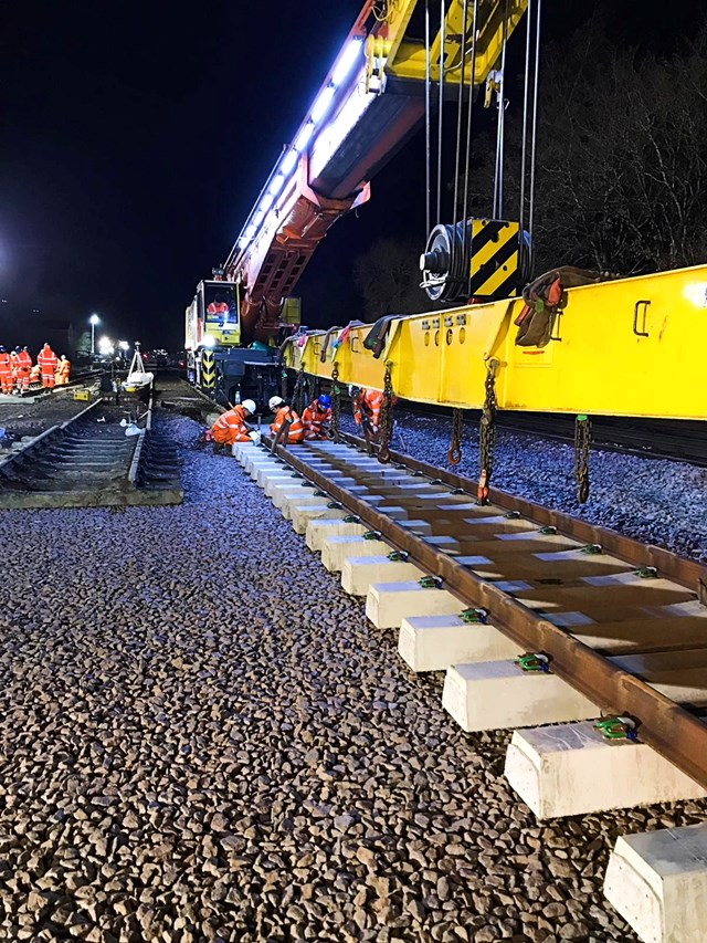 Library image of Network Rail engineers positioning section of railway track