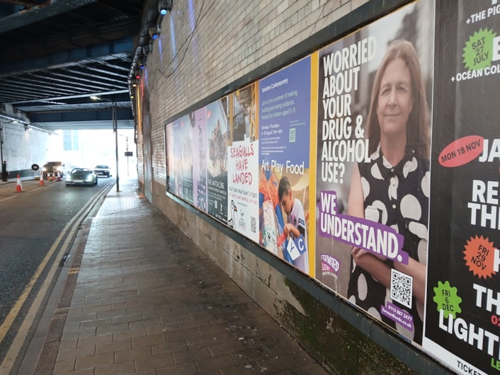 Swinegate: Image shows a Forward Leeds poster on the wall of a city centre tunnel.