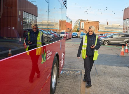 A bus driver, Kelly Myatt, carries out checks on a zero emission electric bus at Go-Ahead's Bexleyheath Depot in south-east London.