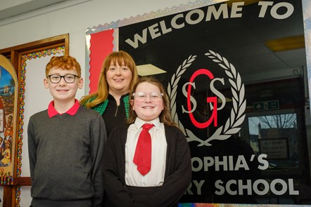School ambassadors Murphy and Caoihme warmly welcome Cllr Elaine Cowan to St Sophias