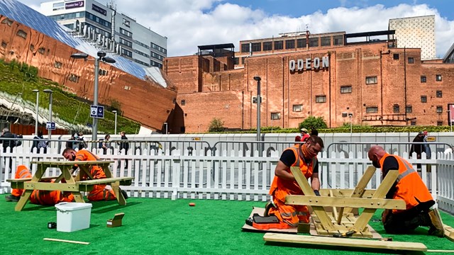 Birmingham New Seats: station set for summer city picnickers: Picnic benches being installed Birmingham New Street